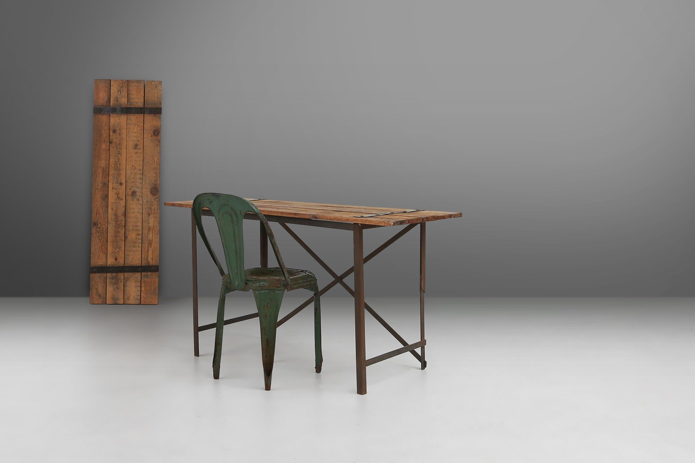  Industrial side tables with metal frame and wooden top and removable platform, Belgium, 1920thumbnail